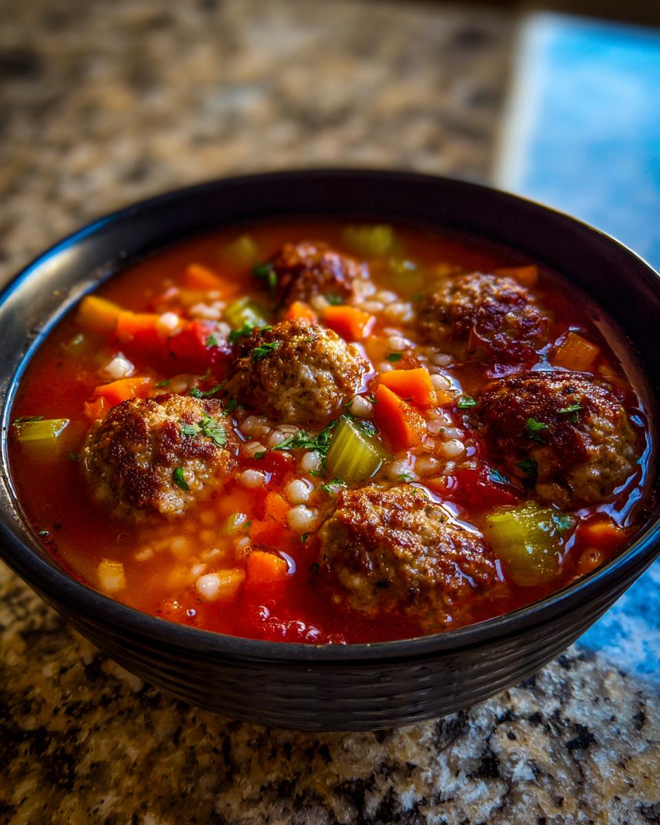 Close-up of a dark bowl filled with rich, red albondigas soup featuring browned meatballs, carrots, celery, and small pasta grains.