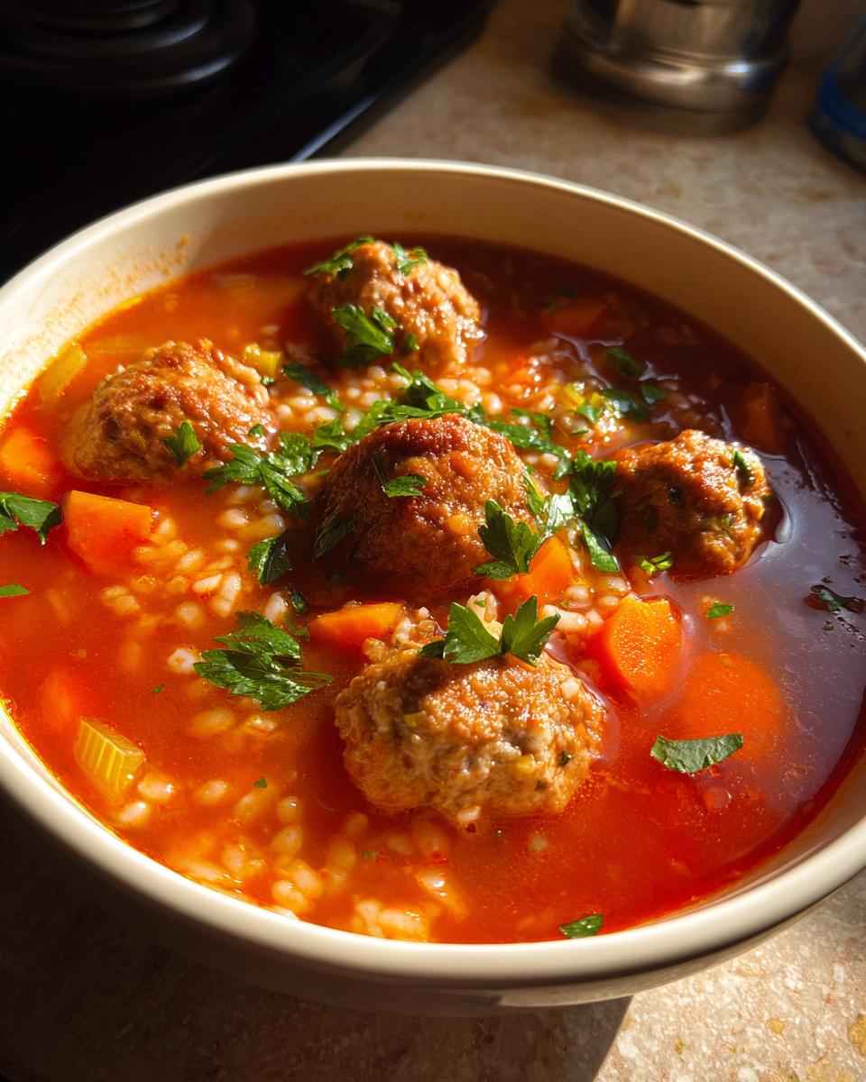 Close-up of a bowl of rich, red albondigas soup featuring tender meatballs, carrots, rice, and fresh parsley garnish.