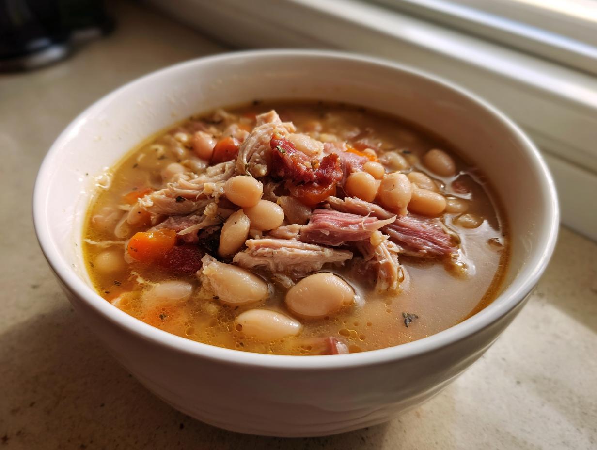 A close-up of a white bowl filled with steaming navy bean soup, topped with shredded meat and carrots.