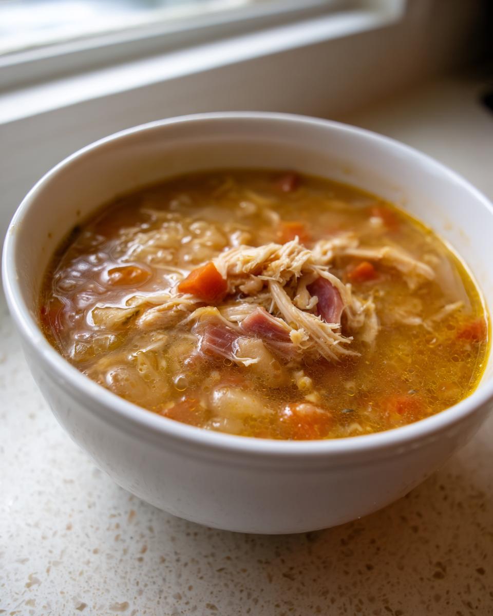 Close-up of a white bowl filled with hearty navy bean soup, featuring shredded chicken, ham pieces, and diced carrots in a rich broth.