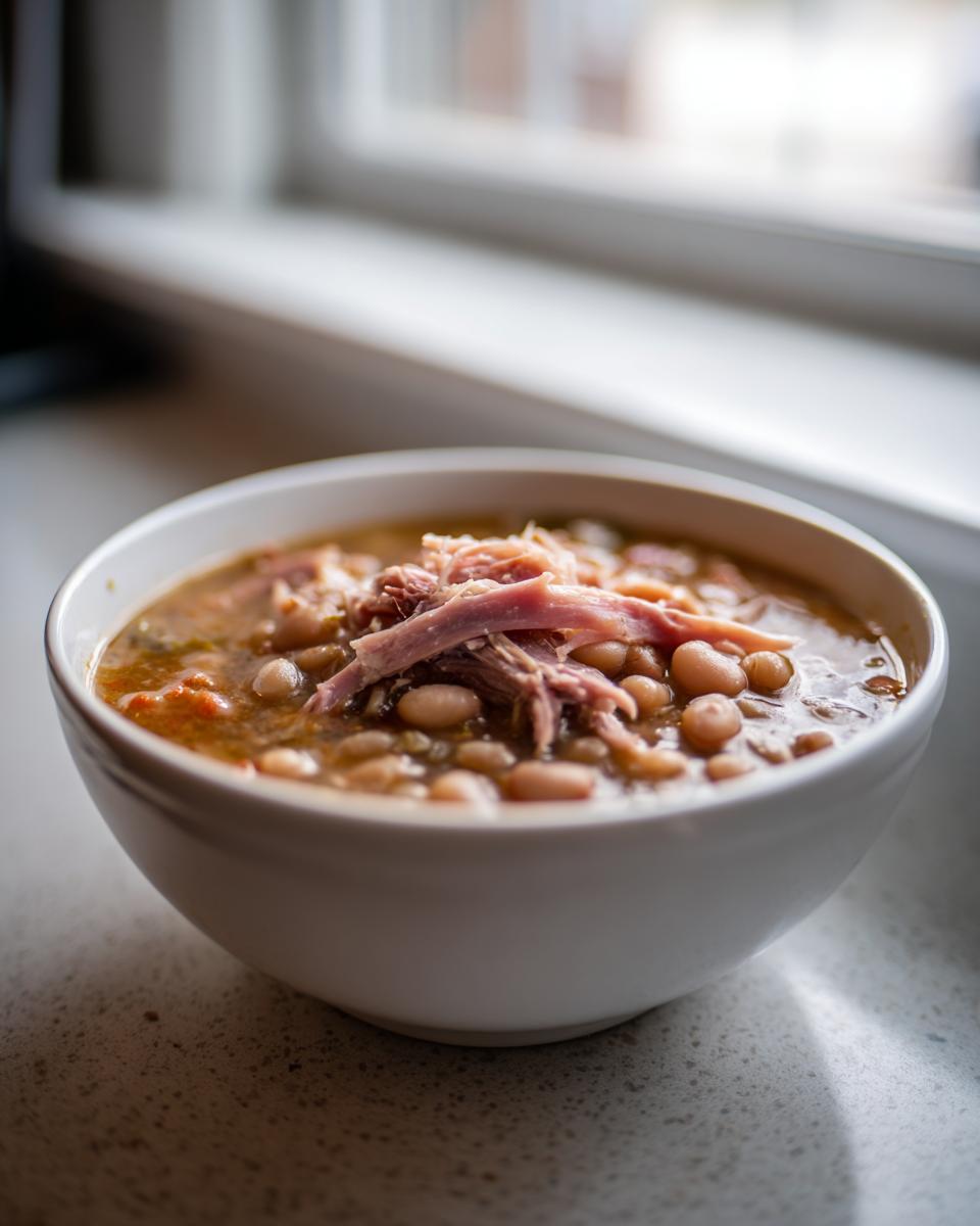 A close-up of a white bowl filled with hearty navy bean soup topped with shredded ham, set near a bright window.