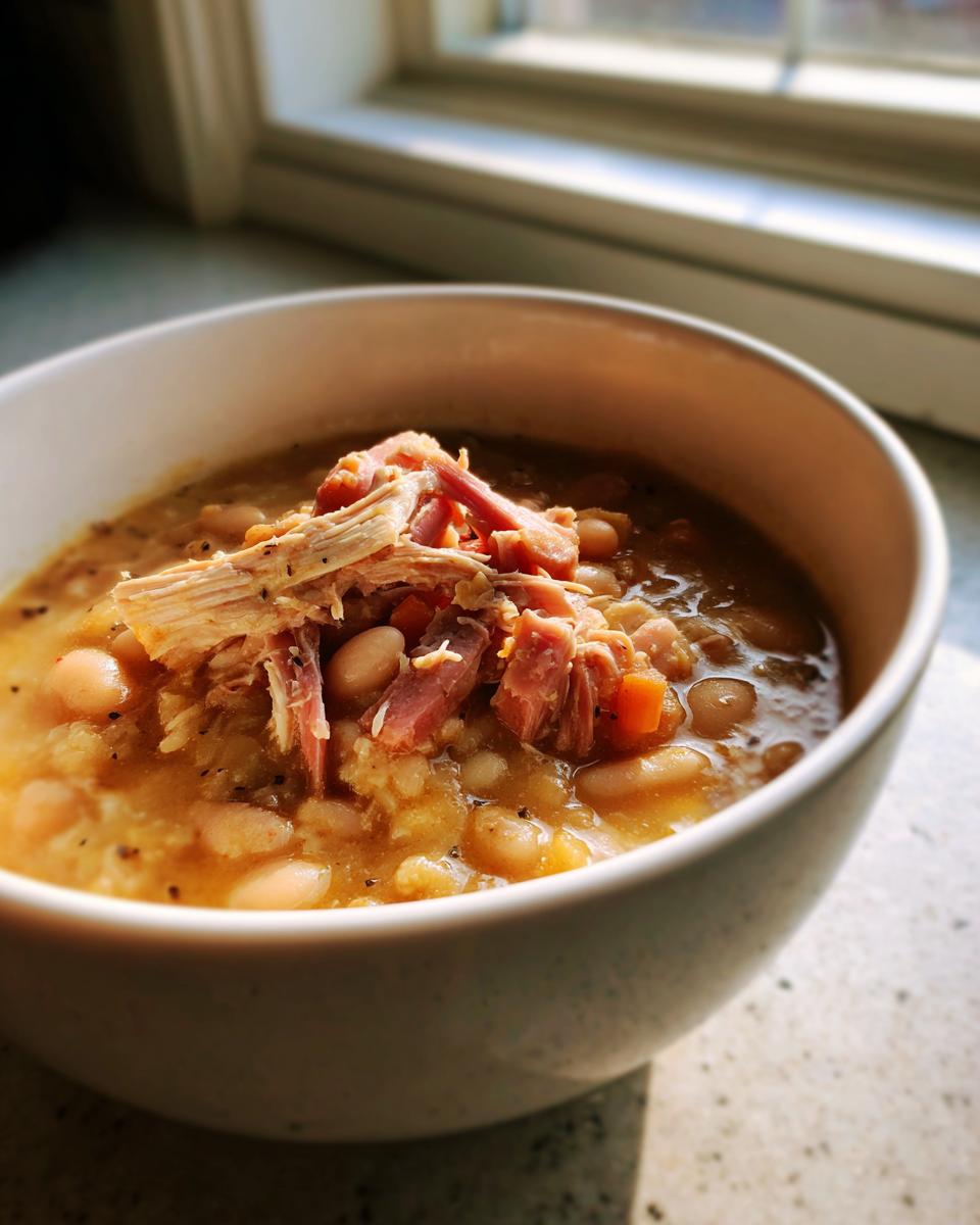Close-up of a white bowl filled with hearty navy bean soup topped with shredded ham, next to a window.