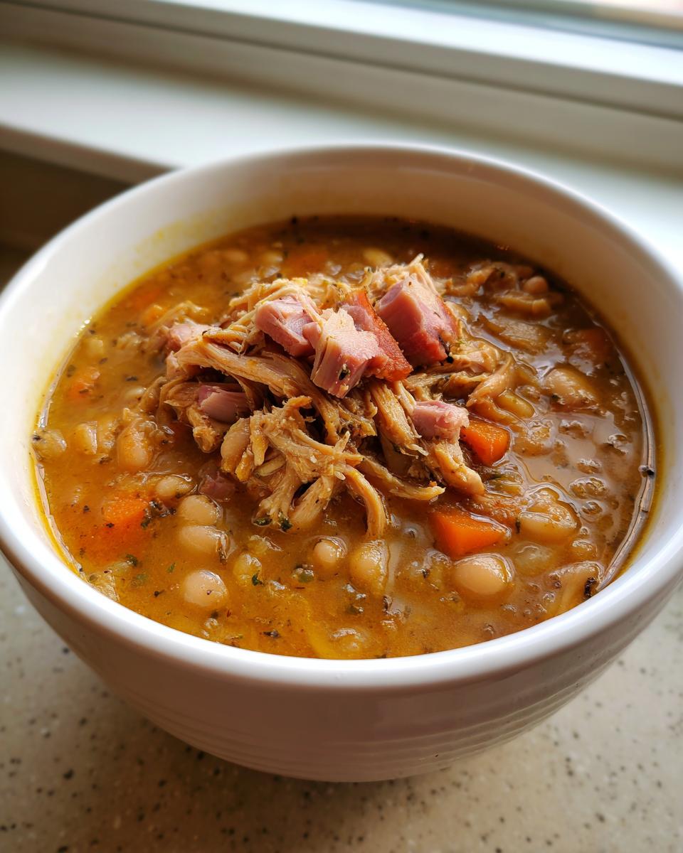 A close-up of a white bowl filled with hearty navy bean soup, topped generously with shredded and diced ham.