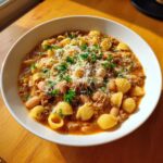 A close-up of a white bowl filled with rich pasta e fagioli soup, topped with grated cheese and fresh parsley.