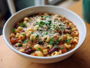 A close-up of a white bowl filled with rich pasta e fagioli soup, featuring ditalini pasta, beans, and a topping of grated Parmesan and fresh parsley.