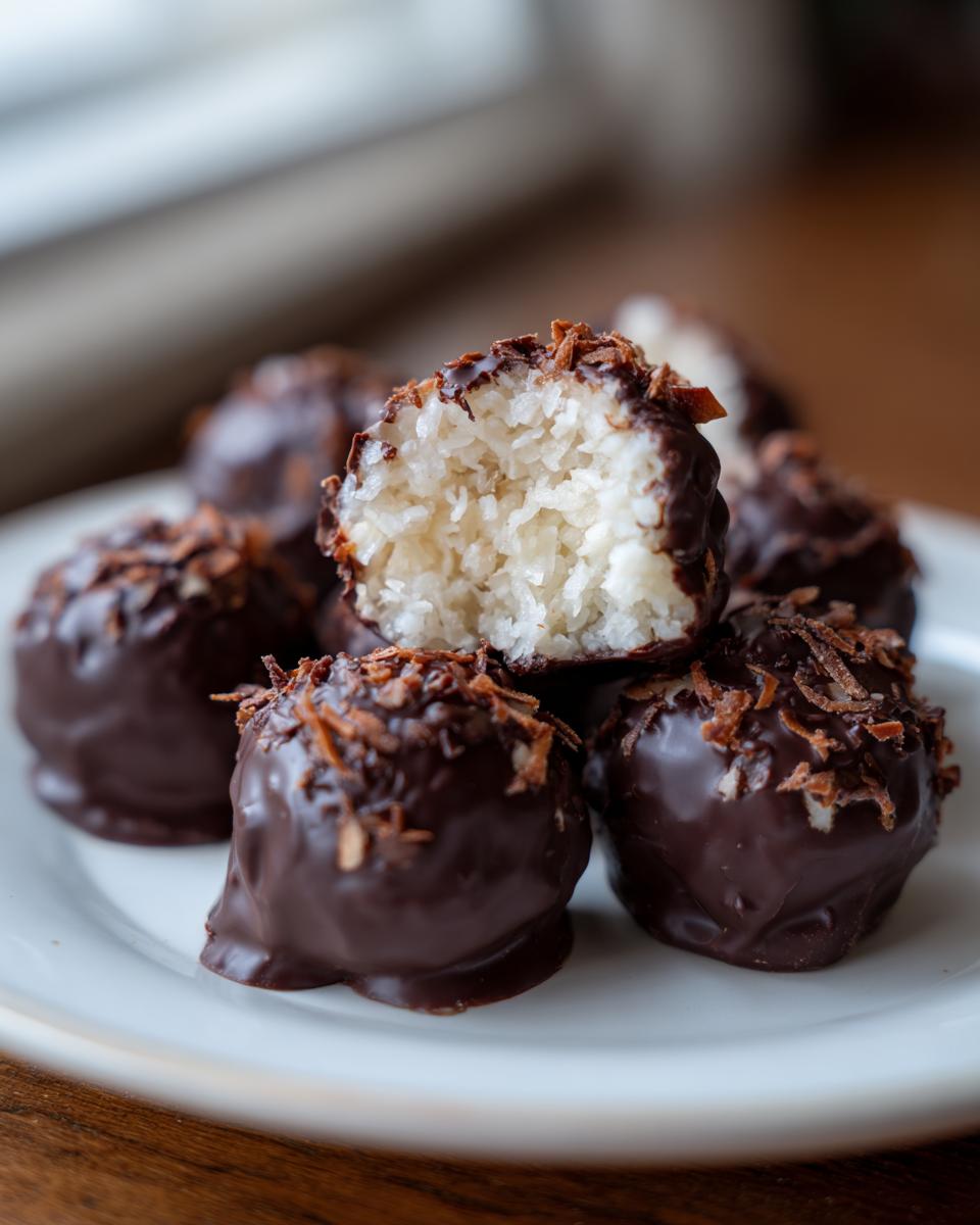 A stack of homemade almond joy truffles coated in dark chocolate, with one cut open showing the shredded coconut filling.