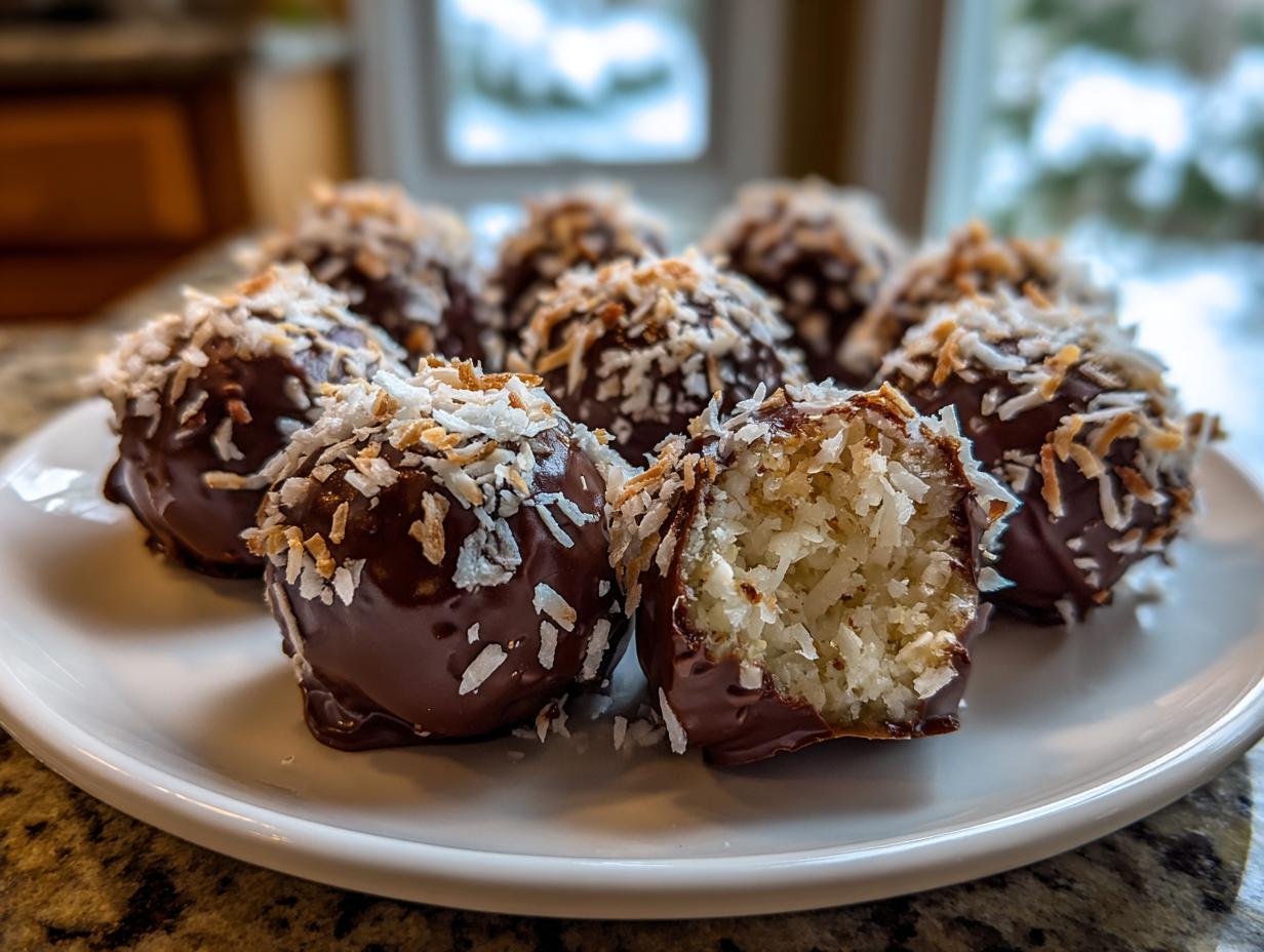 A plate of homemade almond joy truffles coated in chocolate and topped with toasted coconut flakes, one is broken open.