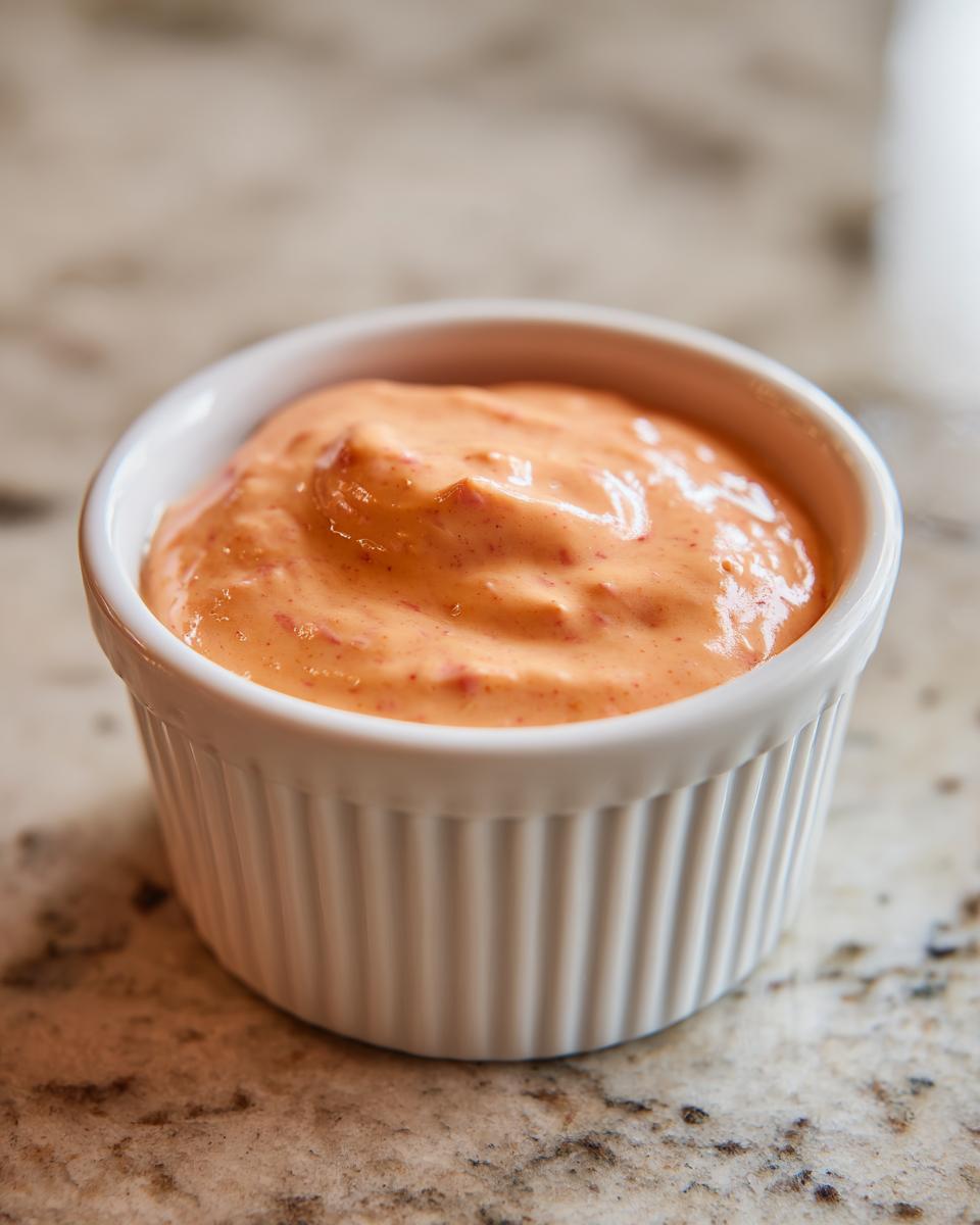 A creamy, orange-hued burger sauce speckled with red bits, served in a small white fluted ramekin.