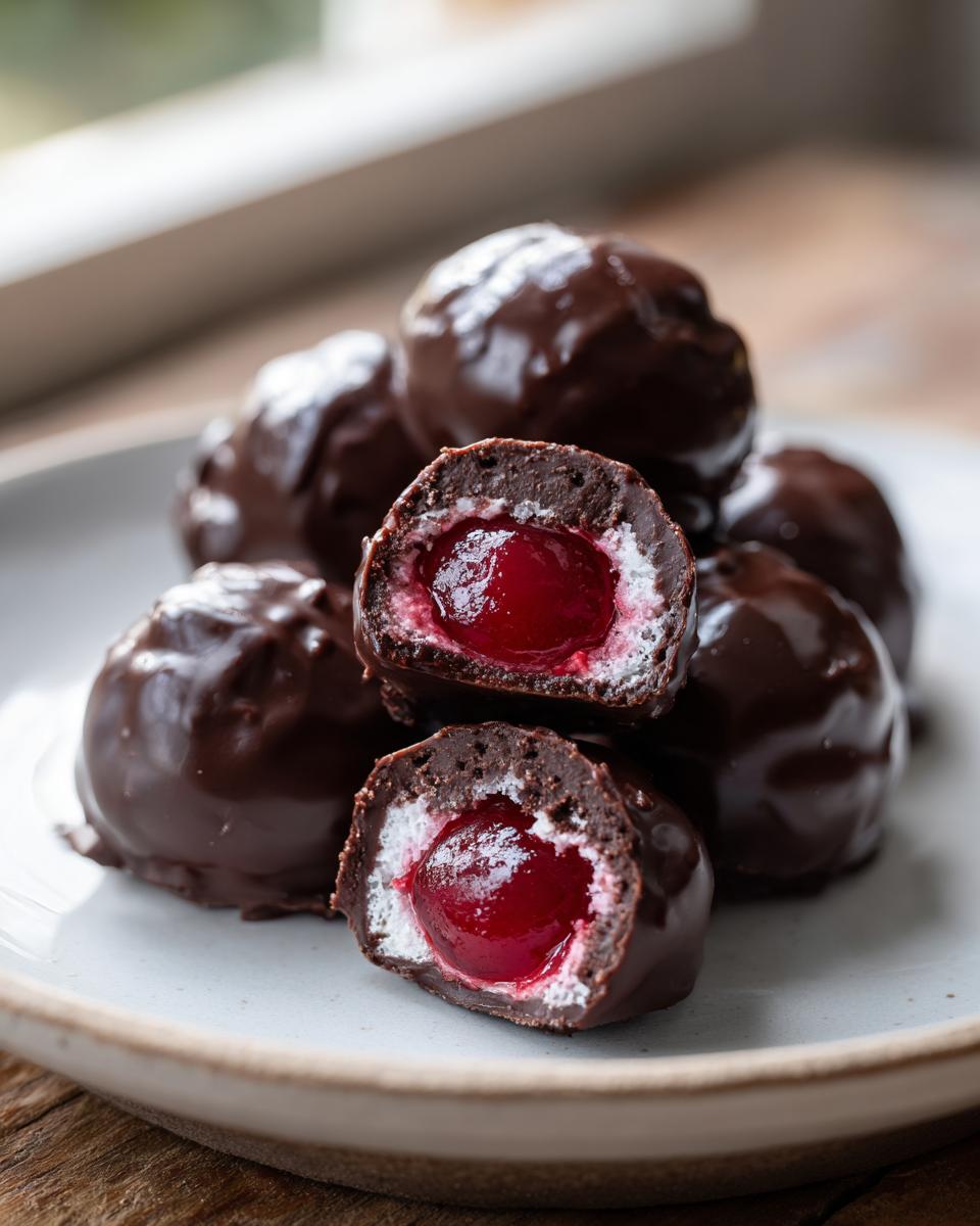 A stack of homemade chocolate covered cherries, one cut in half showing the bright red cherry center and white filling.