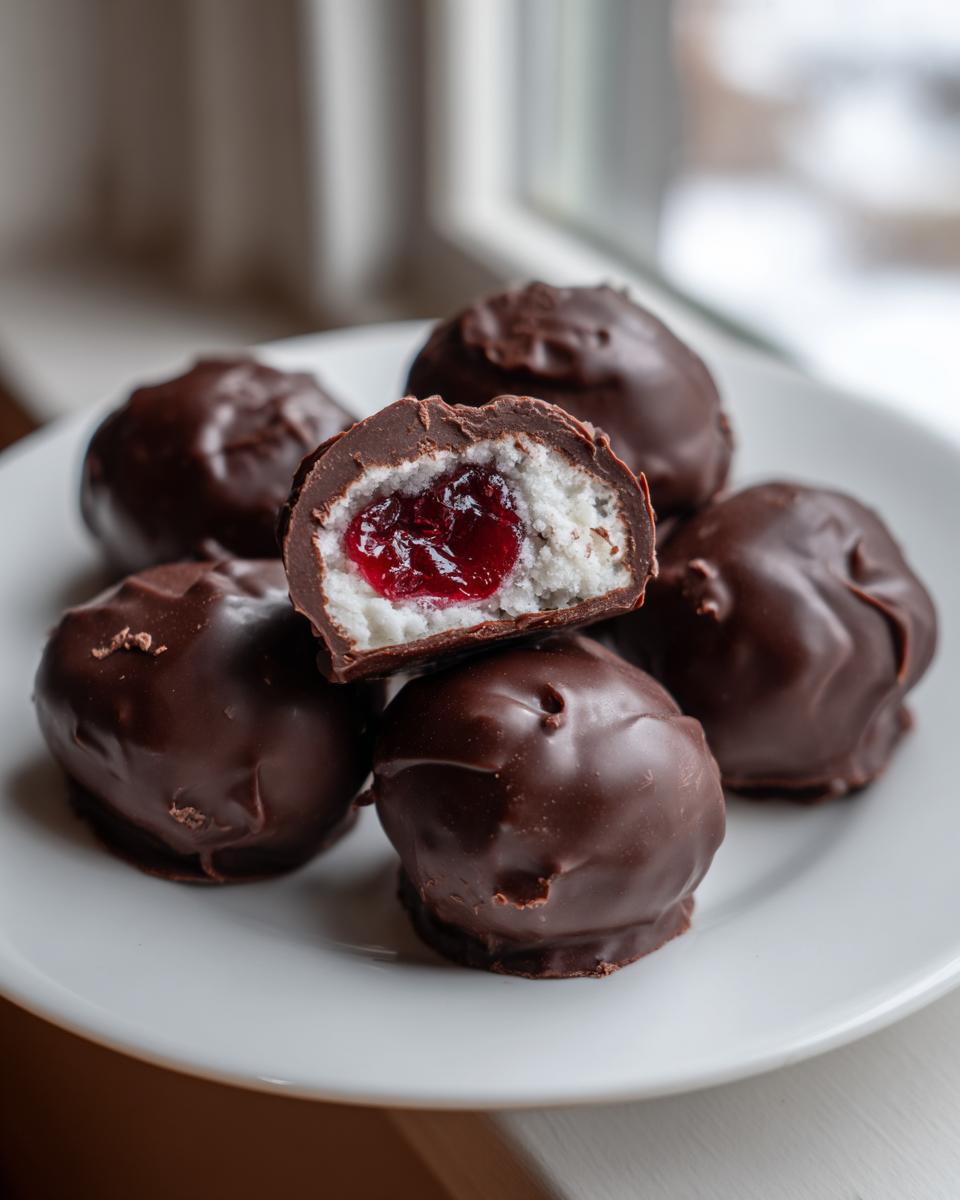 A stack of homemade chocolate covered cherries, one cut open to show the white filling and bright red cherry center.