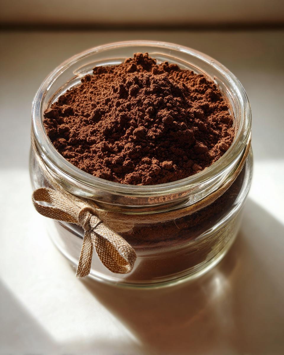 Close-up of homemade hot cocoa mix powder filling a small glass jar tied with a rustic burlap bow.