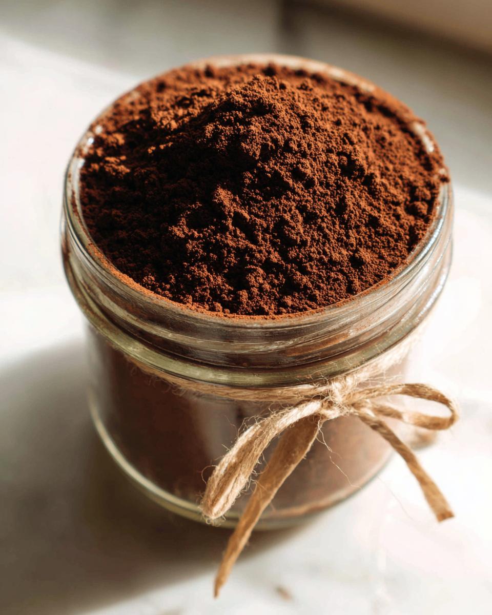Close-up of a glass jar filled to the brim with rich, dark brown homemade hot cocoa mix powder.