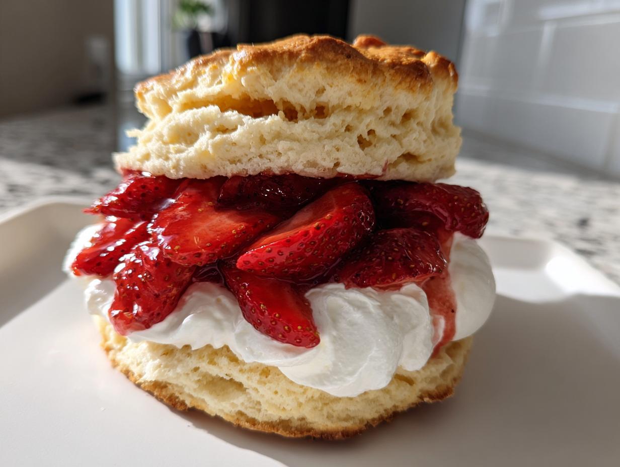 A close-up of a fluffy biscuit split and filled with whipped cream and macerated strawberries for a perfect shortcake.