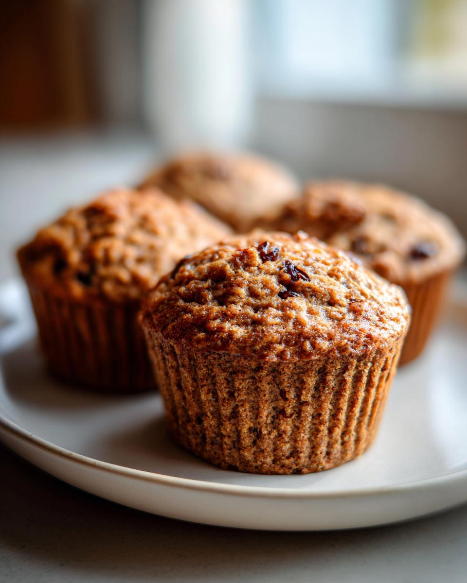 A close-up of a freshly baked honey bran muffin with visible raisins on top, sitting on a white plate with others blurred in the background.