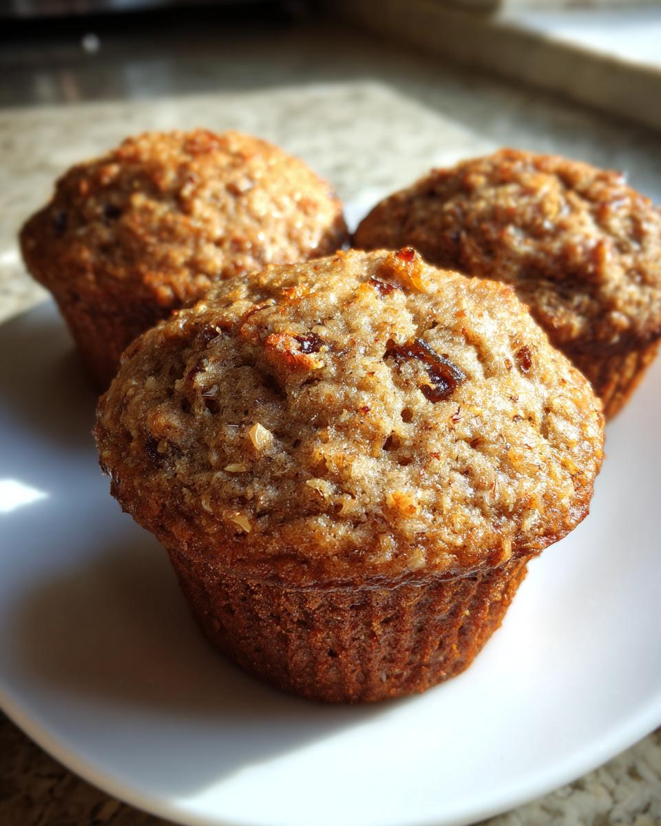 Close-up of three freshly baked honey bran muffins, showing texture and raisins, resting on a white plate.