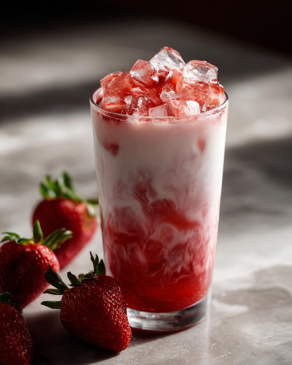 A tall glass of layered strawberry milk with ice cubes, surrounded by fresh strawberries.