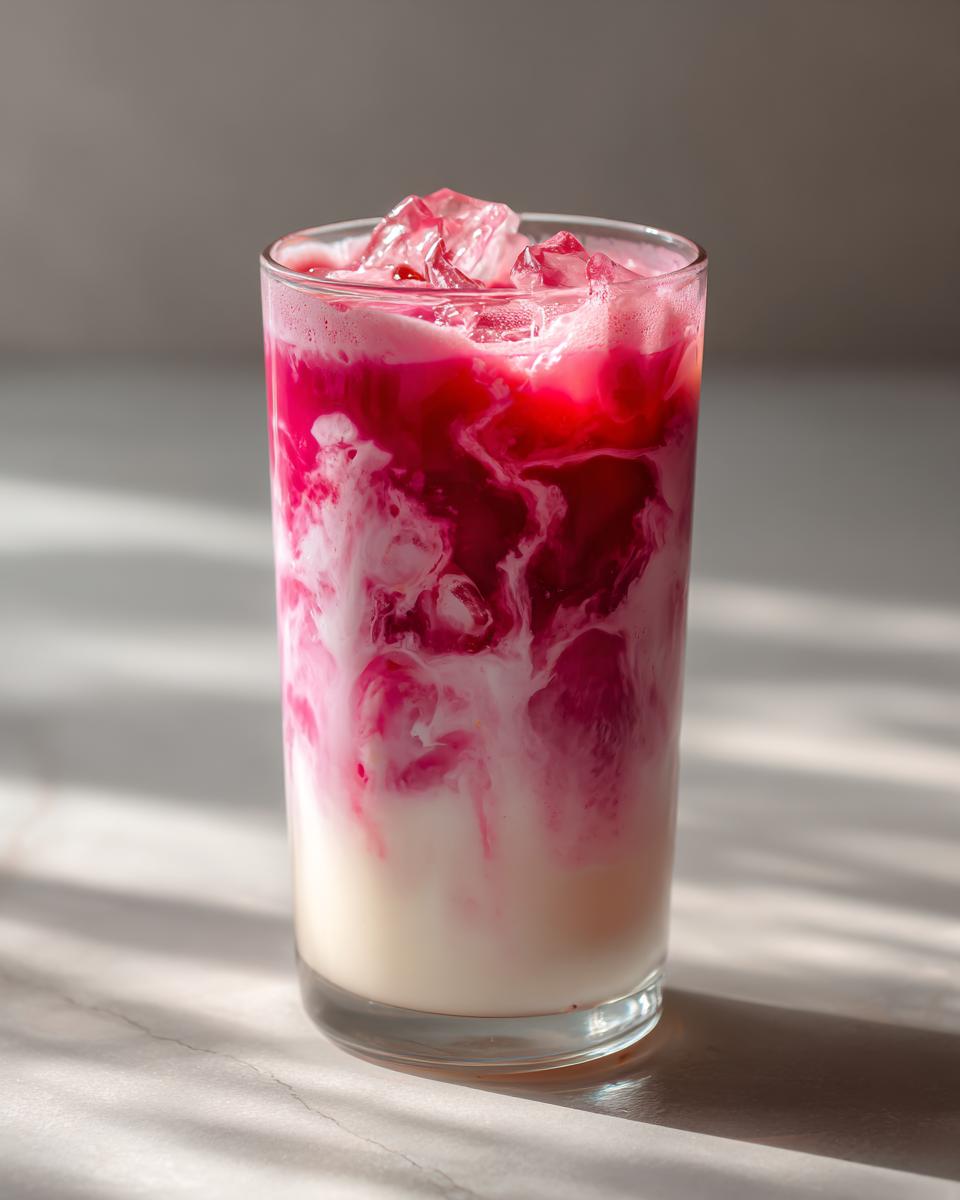 A tall glass filled with iced strawberry milk showing vibrant pink swirls mixing into the white milk base.