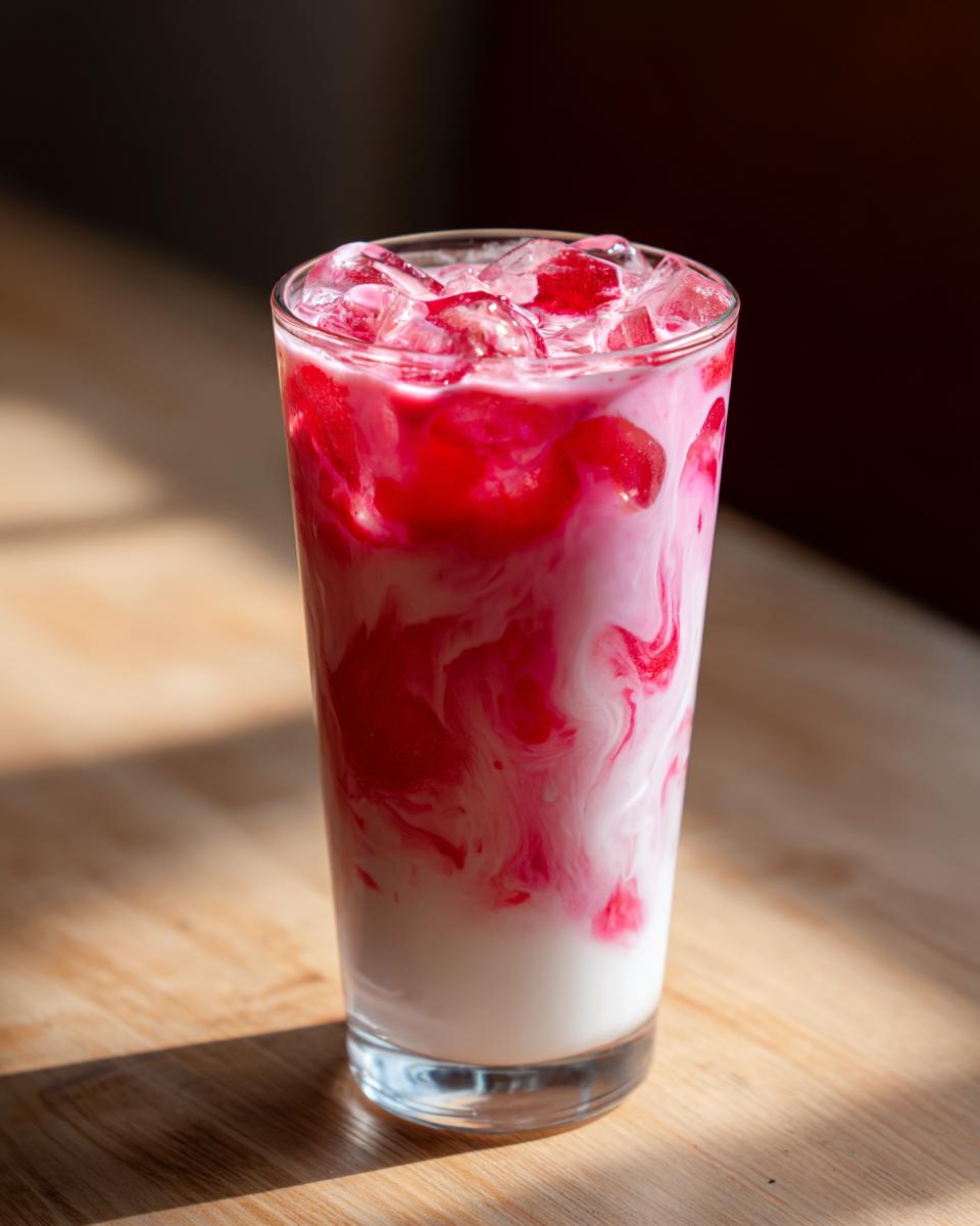 Close-up of a tall glass of iced strawberry milk showing vibrant pink syrup swirling into white milk.