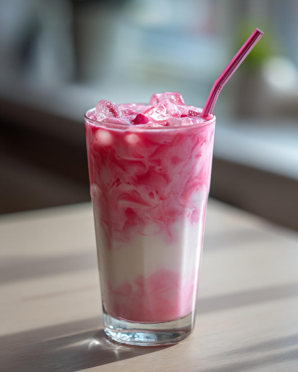 A tall glass of iced strawberry milk showing beautiful pink syrup swirls mixing with white milk, topped with ice cubes.