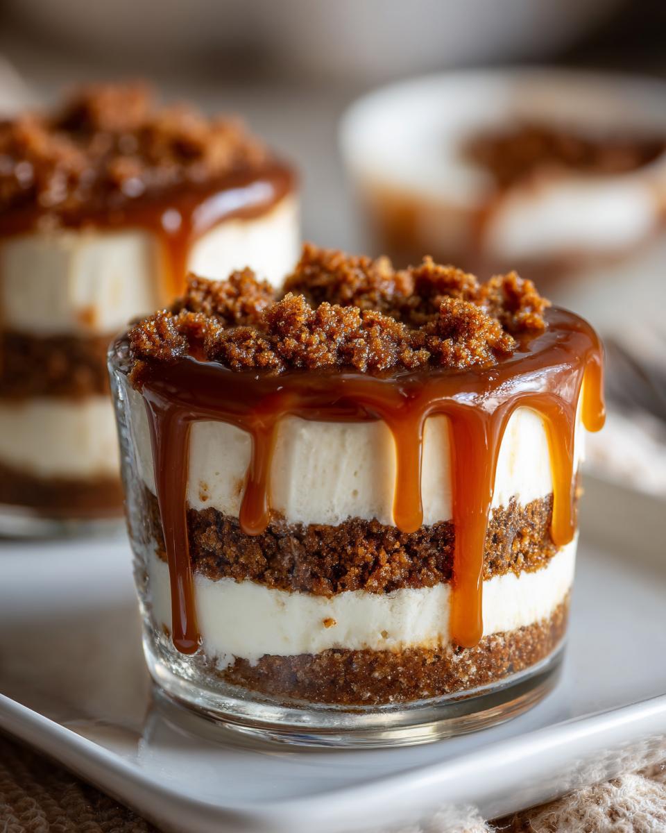 Close-up of an individual gingerbread trifle layered with cream and topped with caramel sauce and crumbs.