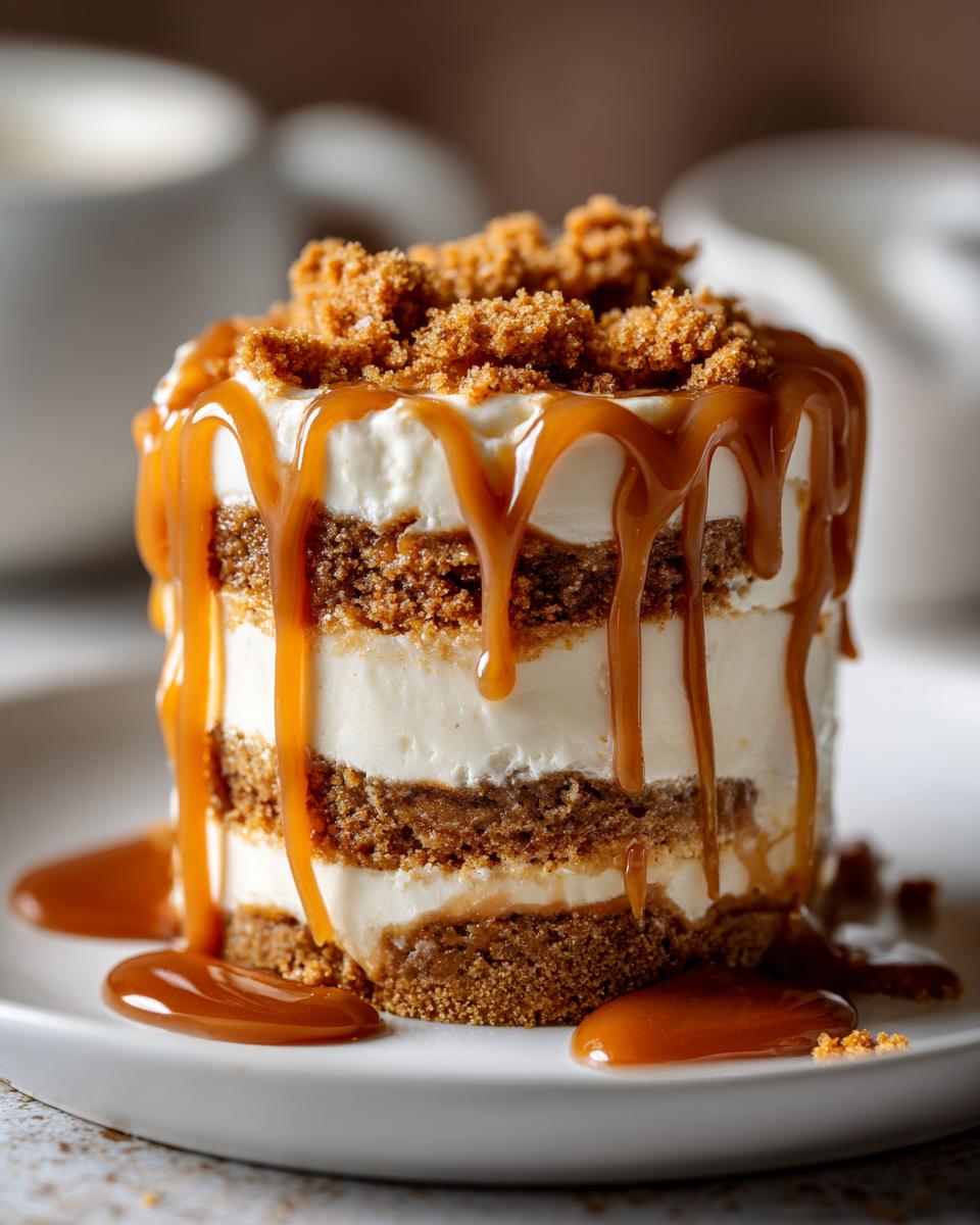 Close-up of an individual no-bake gingerbread trifle layered with cream and topped with caramel sauce and crumbs.