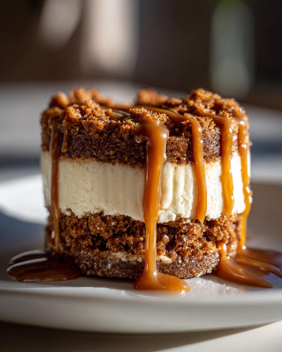 Close-up of an individual serving of no-bake gingerbread trifle layered with cream and topped with caramel sauce.