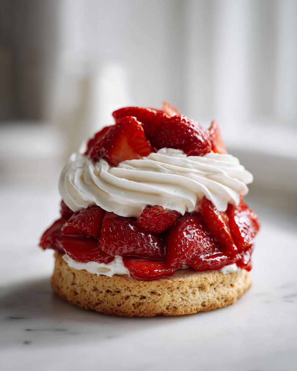 Close-up of a perfect individual strawberry shortcake featuring a biscuit base, macerated strawberries, and piped whipped cream.