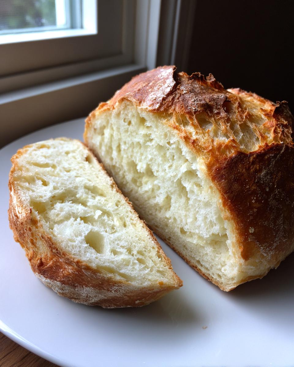 Close-up of amazing 1 hour Italian bread loaf cut in half, showing the soft, airy crumb and golden crust.