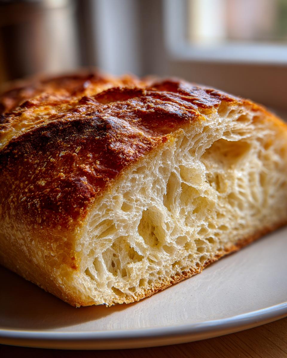 Close-up cross-section showing the airy, open crumb structure of the amazing 1 hour Italian bread.