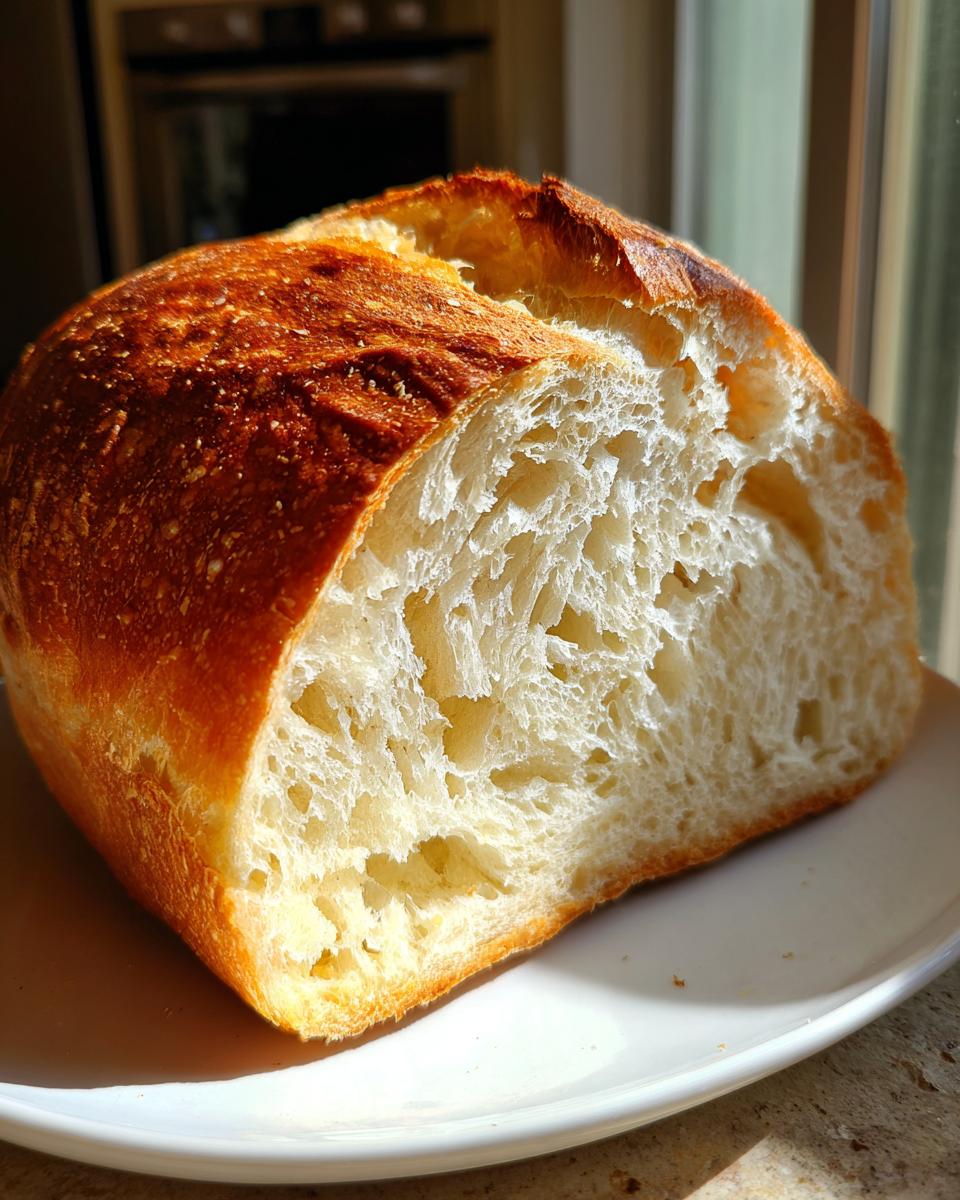 A close-up view of a freshly baked Italian bread loaf, sliced open to show the airy, white interior crumb and golden crust.