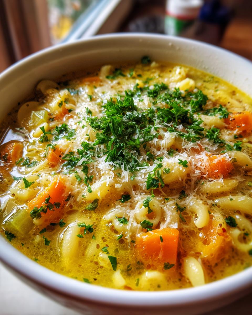 Close-up of a warm bowl of Italian penicillin soup featuring broth, elbow macaroni, carrots, and topped with grated Parmesan and fresh parsley.