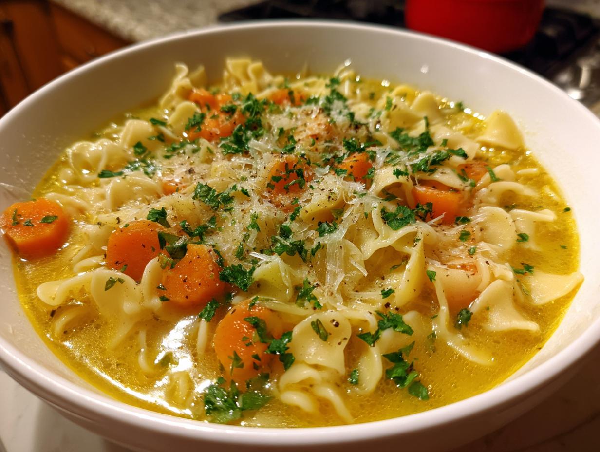 Close-up of a white bowl filled with Italian penicillin soup, featuring egg noodles, sliced carrots, and topped with grated cheese and parsley.
