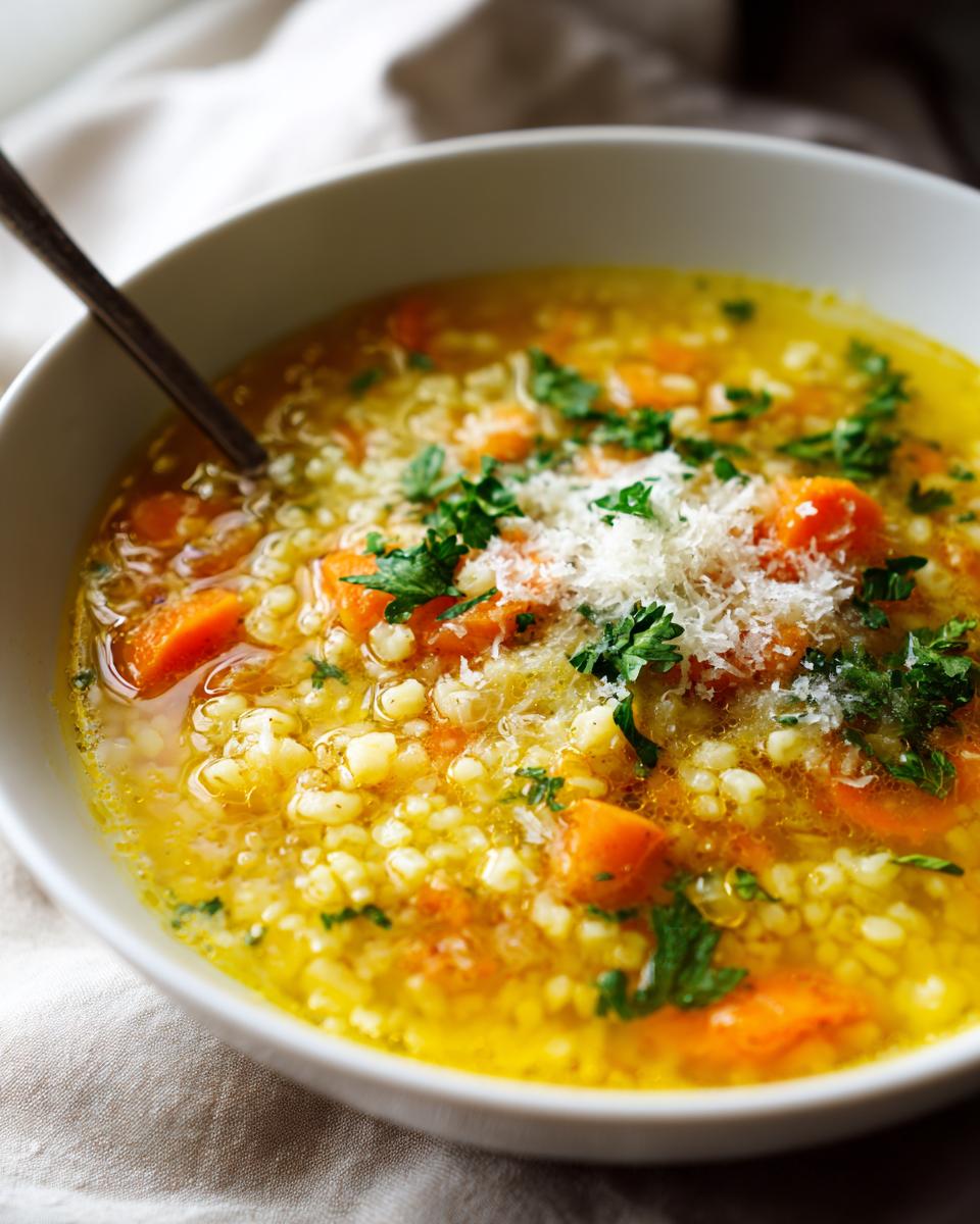 Close-up of a bowl of Italian penicillin soup featuring small pasta, bright orange carrots, and topped with grated Parmesan and parsley.