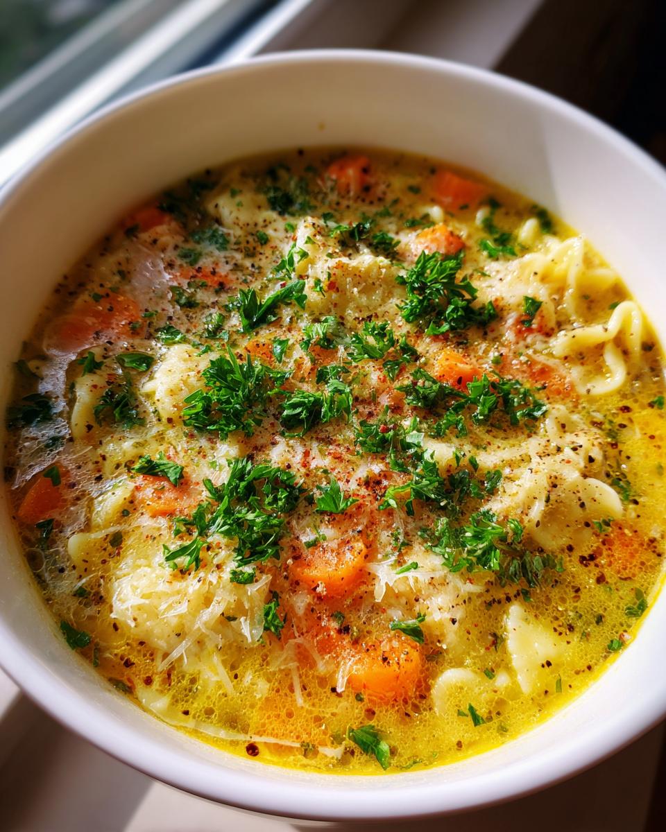 A close-up shot of a steaming bowl of Italian penicillin soup, rich with broth, pasta, carrots, and topped with grated cheese and fresh parsley.