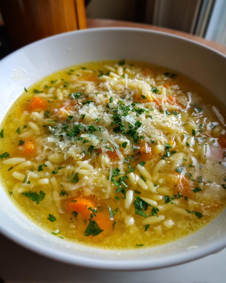 Close-up of a bowl of warm Italian penicillin soup featuring orzo pasta, carrots, and topped with grated Parmesan cheese and fresh parsley.