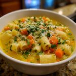 Close-up of a white bowl filled with Italian penicillin soup, featuring rigatoni pasta, carrots, and topped with Parmesan cheese and parsley.