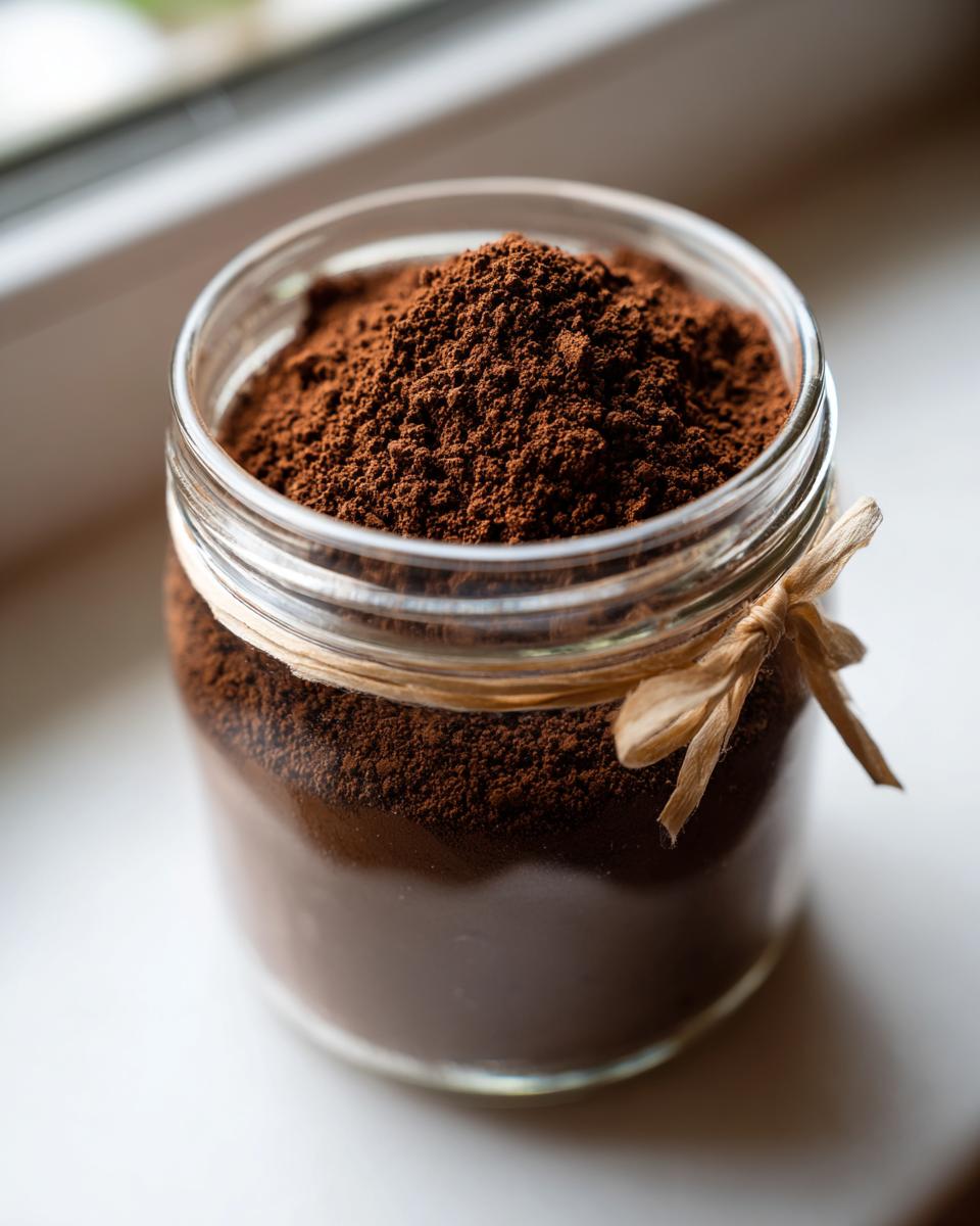 Close-up of a glass jar filled high with rich, dark brown homemade hot cocoa mix powder.