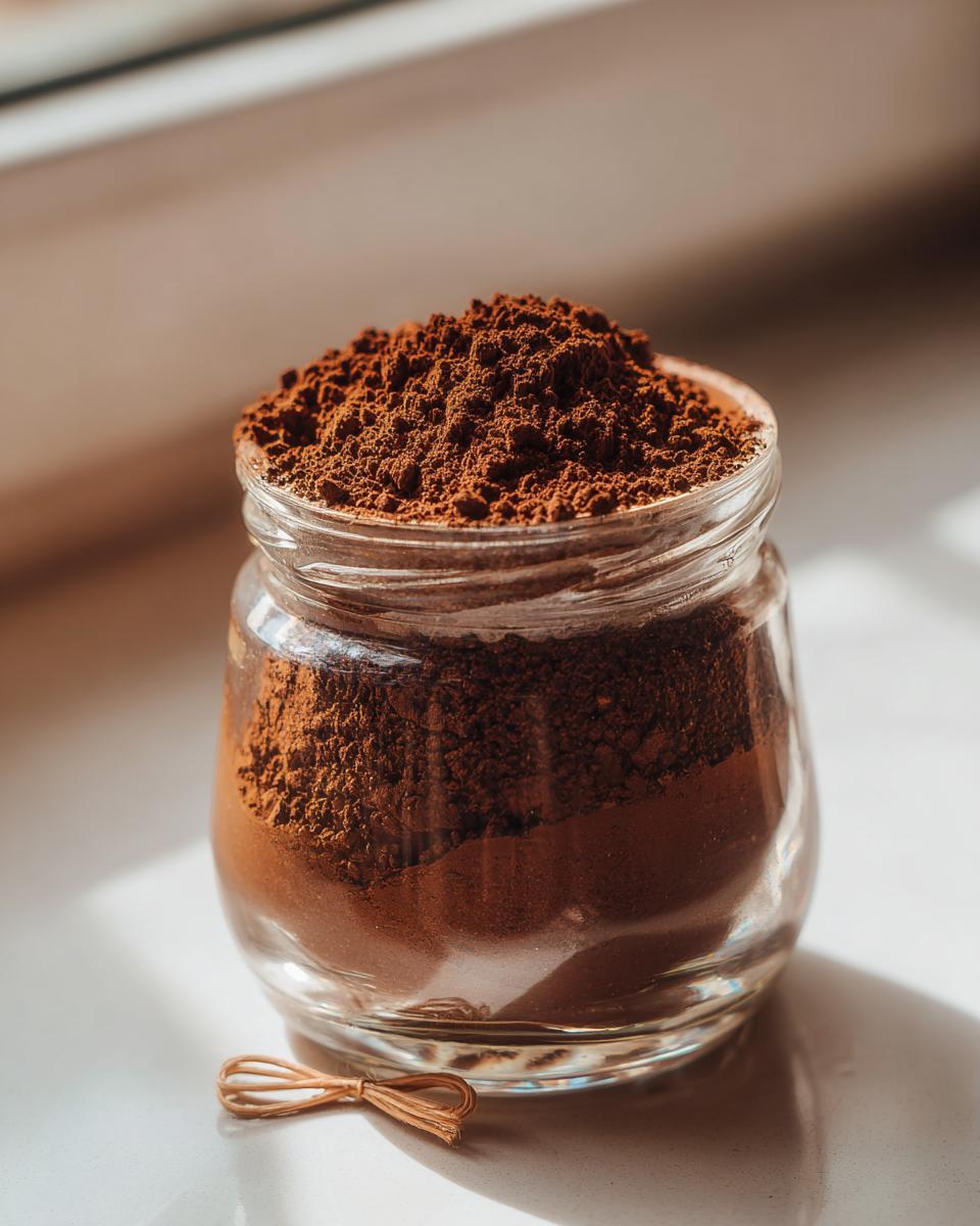 A small glass jar filled to the brim with rich brown homemade hot cocoa mix powder.