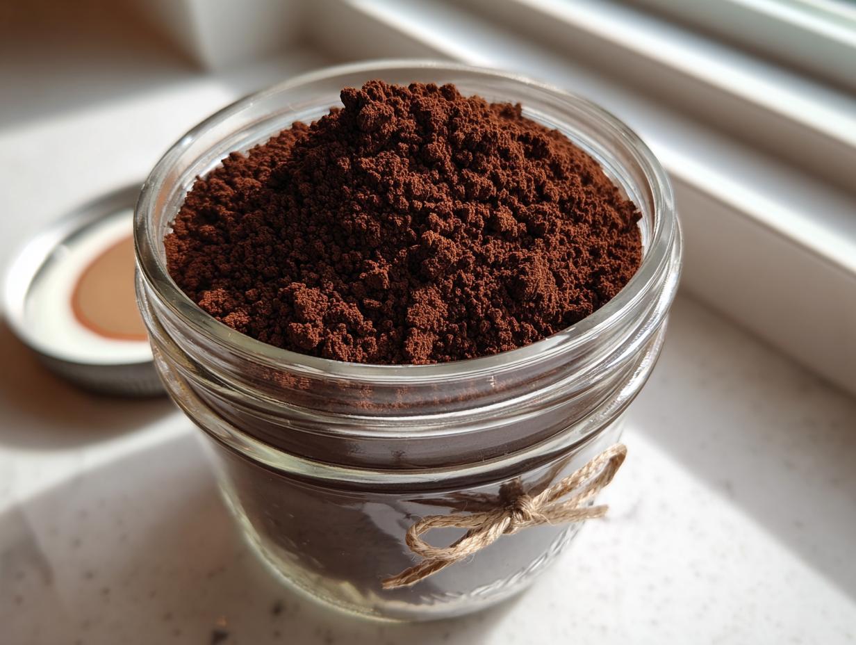 Close-up of a glass jar filled to the brim with rich, dark brown homemade hot cocoa mix powder.