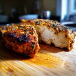Close-up of perfectly cooked air fryer chicken breast, seasoned and sliced to show juicy interior.