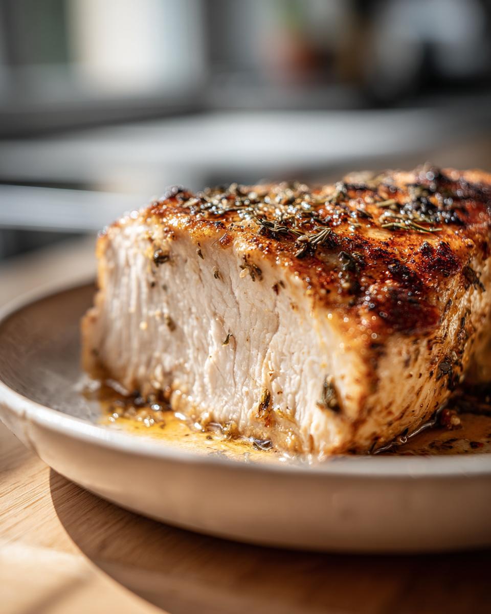 Close-up of a perfectly cooked baked chicken breast, showing juicy white meat and a seasoned, browned exterior.