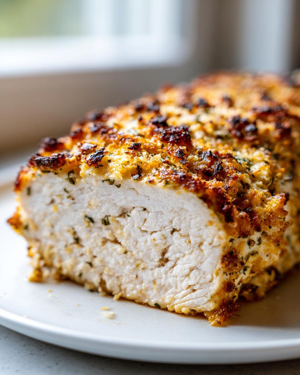 Close-up of a juicy baked ranch chicken breast, showing the white interior and crispy, herbed ranch coating.