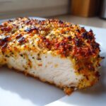 Close-up of a perfectly cooked piece of baked ranch chicken, showing the white, juicy interior and crispy, herbed topping.