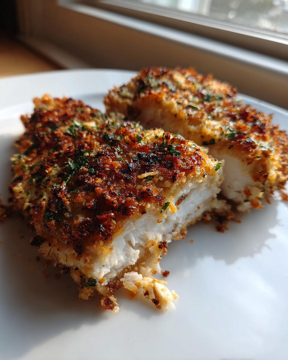 Close-up of two pieces of juicy baked ranch chicken, showing the white interior and crispy, golden-brown herb coating.