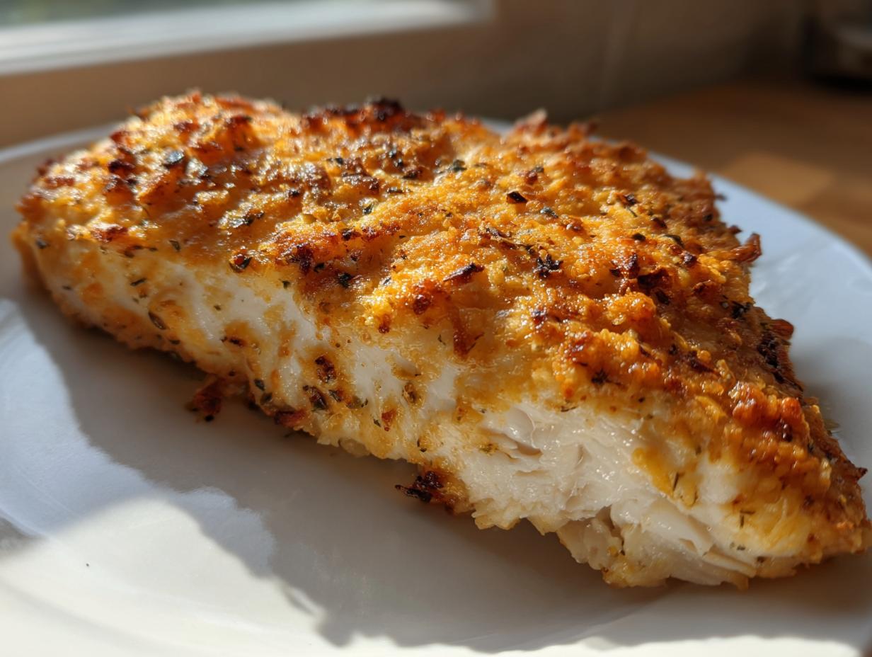 Close-up of a juicy baked ranch chicken breast with a golden, crispy herb crust.