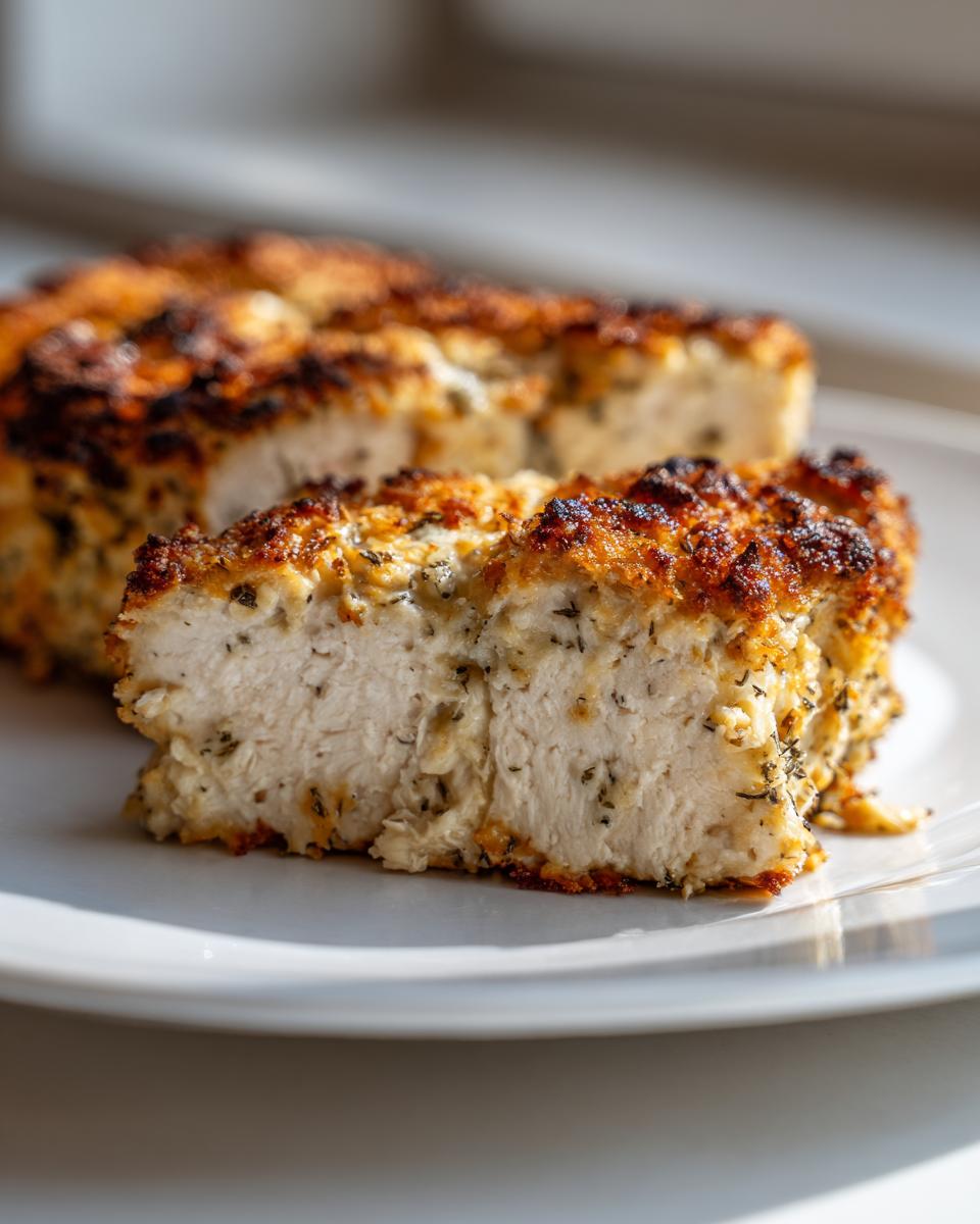 Close-up of a slice showing the moist interior of the baked ranch chicken with a crispy, herbed crust.