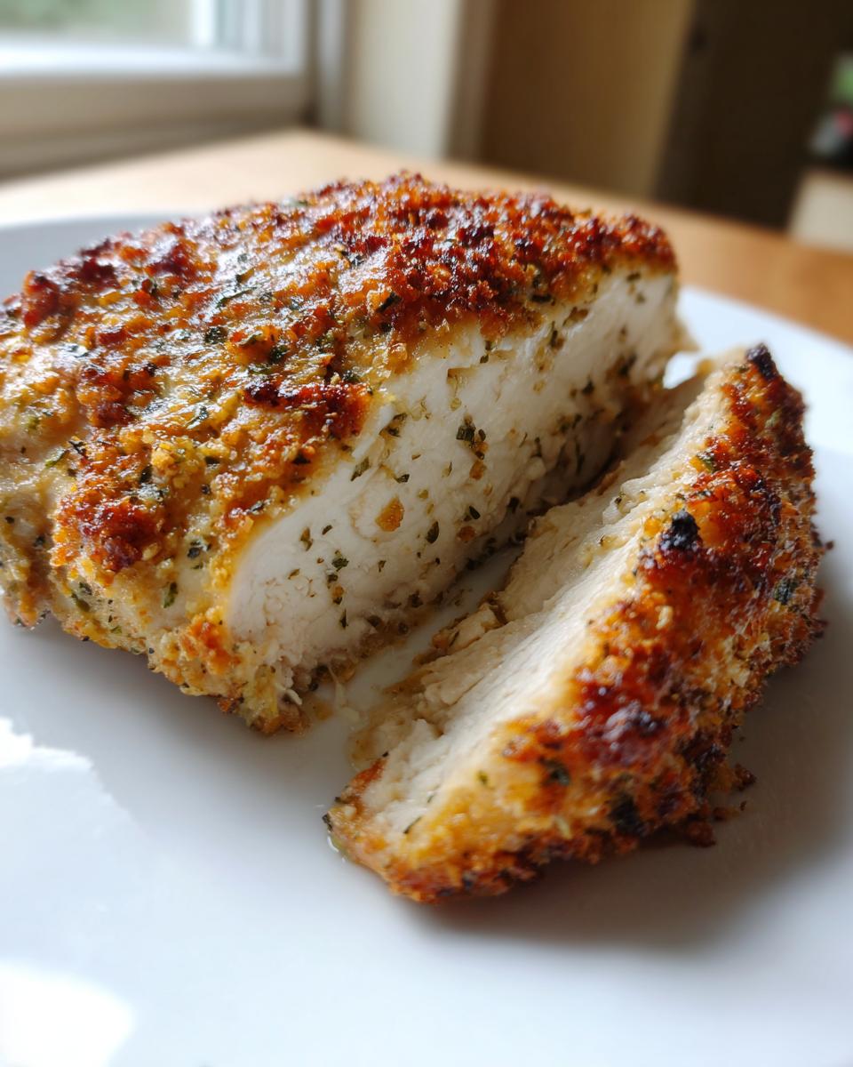 Close-up of juicy baked ranch chicken breast, sliced to show the moist interior and crispy, seasoned crust.
