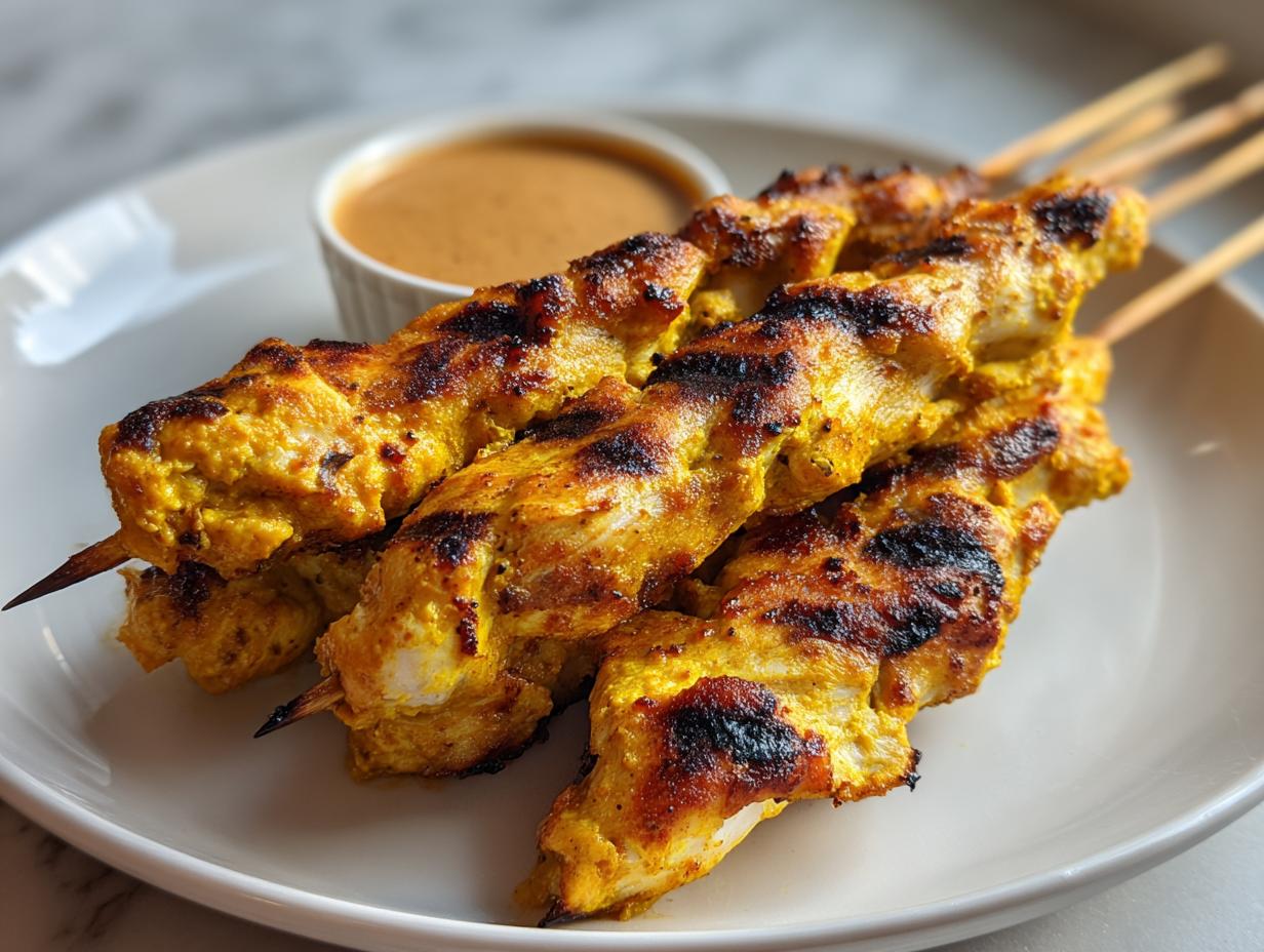 Close-up of three grilled chicken satay skewers with golden turmeric marinade and char marks, served with peanut dipping sauce.