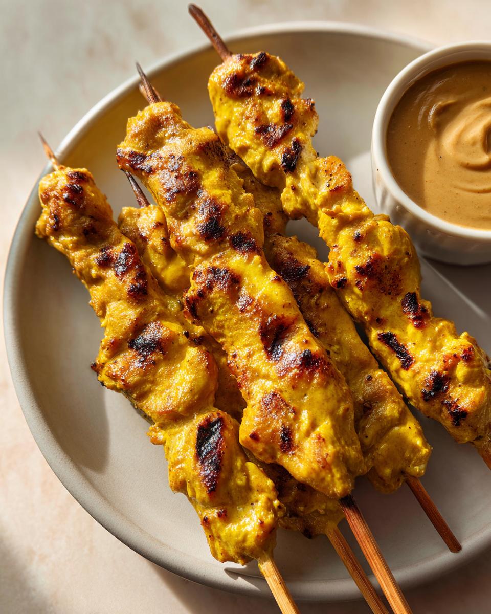 Close-up of grilled chicken satay skewers on a plate next to a small bowl of peanut dipping sauce.