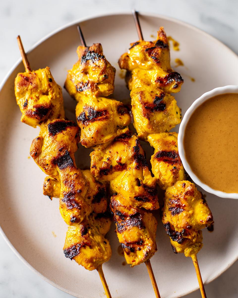 Close-up of three skewers of grilled, yellow-marinated chicken satay served with a side of peanut dipping sauce.